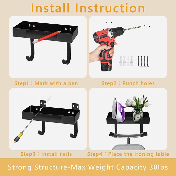Кріплення для прасувальної дошки настінне, 32*15.7 см. Настінне кріплення для прасувальної дошки з нержавіючої сталі з металевими гачками. Тримач для прасувальної дошки, кріплення для праски на стіну, підходить для прасувальних дошок T/Y форми.