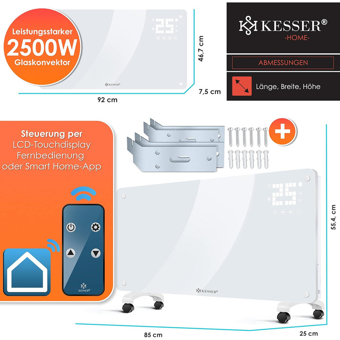 Електричний конвектор KESSER® з Wi-Fi керуванням та пультом дистанційного керування | 2500 Вт | Скло | Настінний/Підлоговий | LCD-дисплей, таймер, сенсорне управління