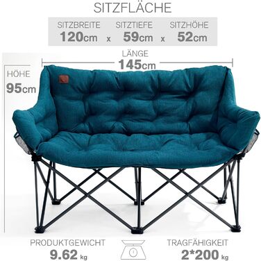 Кампінговий стілець-диван EVER ADVANCED для 2 осіб, 145 см, зелений - міцний, складаний, з високою спинкою, для відпочинку на природі, саду, балкону