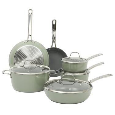 Набір посуду Sur La Table Kitchen Essentials 10 предметів: каструлі та сковороди з титановою керамікою, антипригарне покриття, індукція, зелений