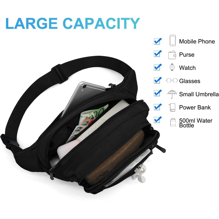 Чоловіча/жіноча поясна сумка-бананка з дощовиком, велика, з нейлону, 5 відділень на блискавці, для туризму, спорту, прогулянок з собакою (Чорна)