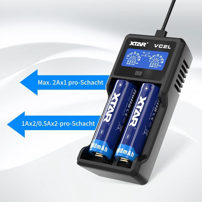 Зарядний пристрій XTAR VC2L для акумуляторів 18650/21700 з LCD дисплеєм та USB Type-C, 2 слоти, для Li-ion 3.6V/3.7V та Ni-MH/Ni-Cd AA/AAA