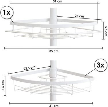 Bremermann Telescope Corner Shelf, 4 Baskets, Telescope Rod up to approx. 290 cm (White)