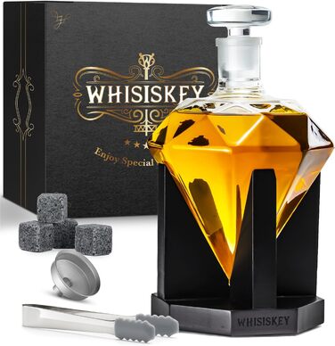 WHISISKEY Whiskey Carafe Set - Whiskey Gift Set - Gifts for Men - Men's Gifts Gift - Birthday Gift for Men - Diamond Decanter 700ML, Gift Box, 4 Whiskey Stones