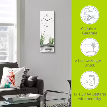 ARTLAND Wall Decor Wall Clock without Ticking Sounds Glass 20x60 cm Rectangular Silent Natural Design Zen Spa Stones Asian Modern T6CD (3D Stones, Quartz Movement)