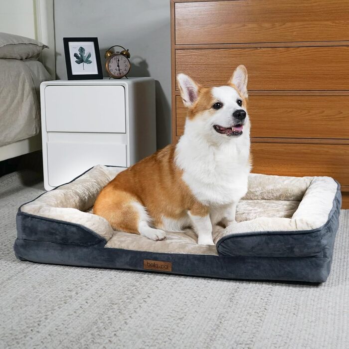 Ортопедичне ліжко для собак BELLA & PAL, 71x59 см. Зручне ліжко-софа для маленьких та середніх собак. Без монтажу, піна з ефектом пам'яті, водовідштовхувальний вкладиш, фланелевий знімний чохол, неслизьке дно. (Д 91.5 x Ш 68.5 x В 16.5, сірий)