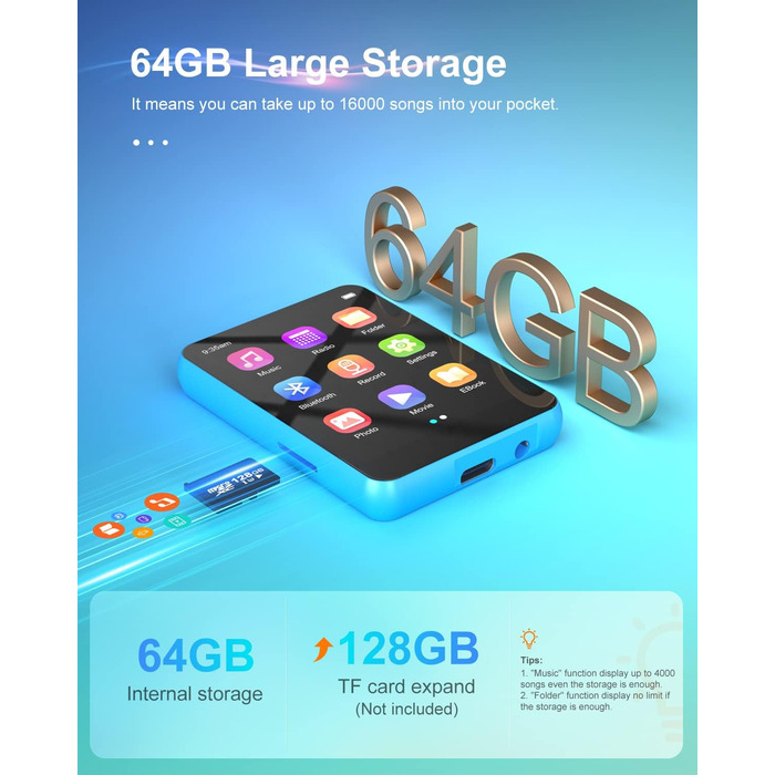 MP3 плеєр 64GB Bluetooth 5.3 HiFi з металевим корпусом, радіо FM, диктофон, сенсорний екран 2.4