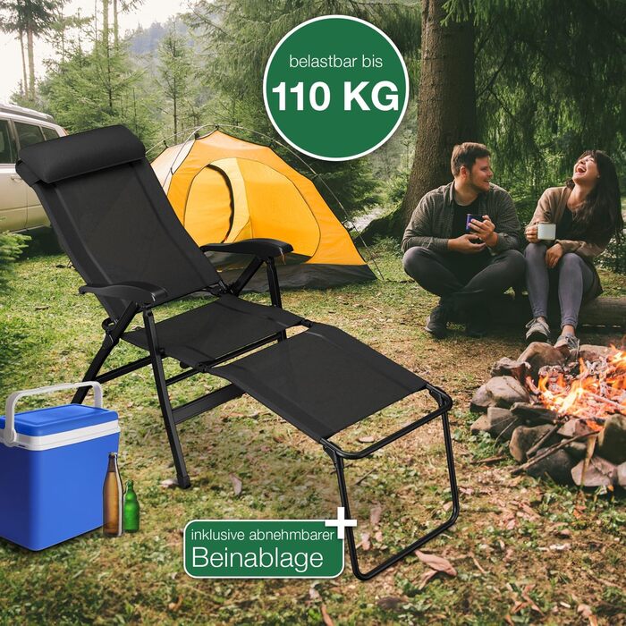 ELONEO Folding Camping Chair with Removable Footrest, Folding Chair made of Aluminum, Folding Garden Chair, Reclining Chair with Adjustable Backrest, Camping Chair (Folding Chair with Footrest (Basic), Black)