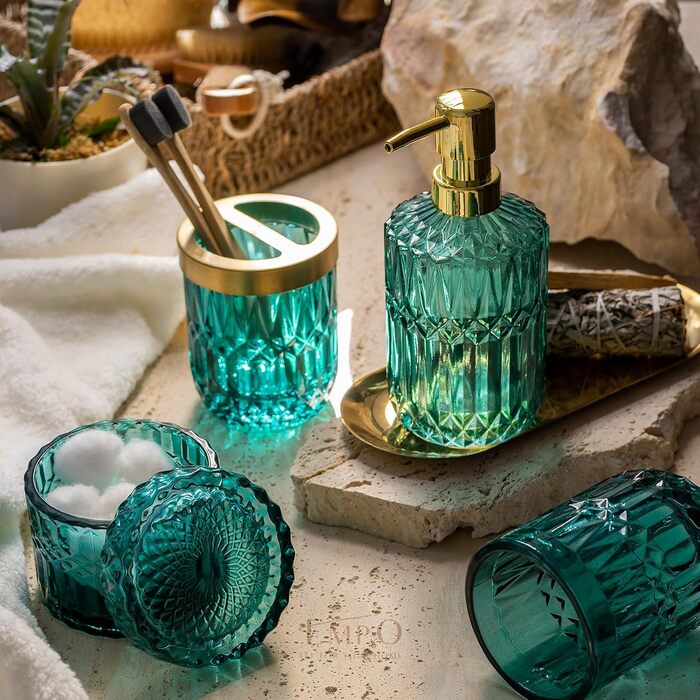 EMPO 6-Piece Bathroom Accessory Set in Clear Glass (Lotion-Soap Dispenser, Soap Dish, Toothbrush Holder, Cup, Cotton Swab Holder), Modern Decoration, Crystal Vintage Gift (Oceanwave)