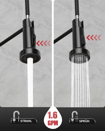 Кухонний змішувач Rainsworth з нержавіючої сталі, чорний, з висувною лійкою та двома струменями, 360° обертання, 45 см