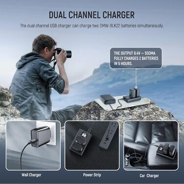 Запасний акумулятор та зарядний пристрій NEEWER для Panasonic Lumix DC-S5, GH5 II, S5II, GH6, S5 IIX, S9 (2 шт., 2400mAh, USB-C)