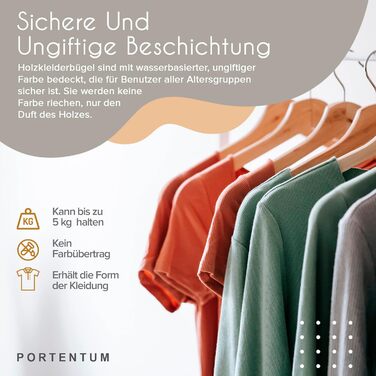 Плечики для одягу Portentum Holz, 10 шт., натуральні кольори - поворотний гачок 360°, борозни для спідниць та блузок, нековзний перекладина для штанів, підходять для костюмів, сорочок, курток