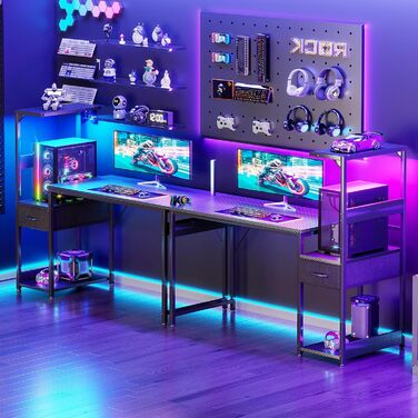 Ігровий стіл Coleshome з LED-підсвічуванням 120x48 см з ящиками та полицею, обертовий, з тримачем для навушників, карбонове волокно, чорний