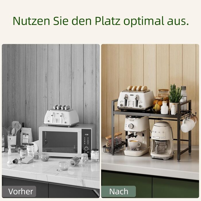 Регульована полиця для мікрохвильової печі NETEL 2-ярусна, чорна, висувна 40-60 см з тримачем для напоїв та кошиком