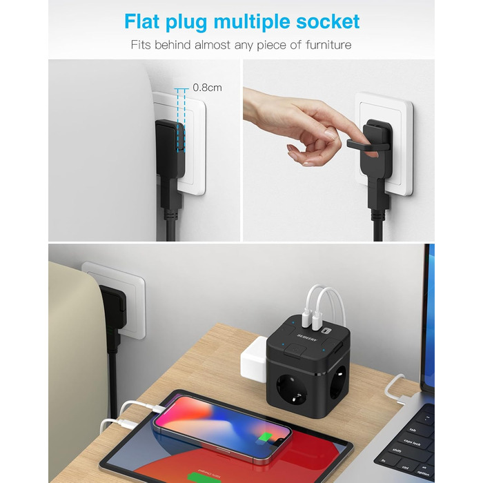 Багатофункціональний USB-розподільник 6 в 1 з USB-C, 3 розетки, індивідуальне вмикання, куб, кабель, для офісу, дому, подорожей (4M, чорний)