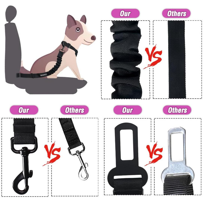 COOYOO Dog Safety Belt - Retractable Dog Car Harness with Elastic Bungee Buffer - Adjustable Nylon Pet Seat Belt for Car - Pink