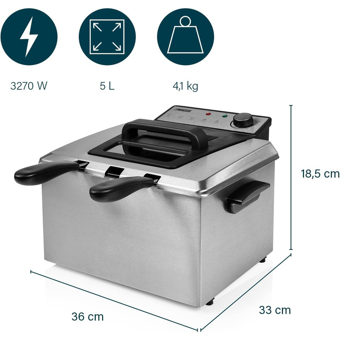 Princess Fritteuse – 3270 Watt, 5 Liter, Thermostat, 3 Fry Baskets, Cold Zone, 6-7 People, 185000, Grey