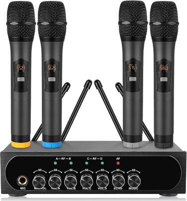 LiNKFOR UHF мікрофонний комплект з 4-ма ручними мікрофонами, 50 каналів, Bluetooth, AUX - для DJ, співу, церкви, весіль