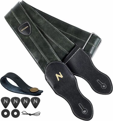 Гітарний ремінь Nefelibata з кишенею для медіатора, 2.3-дюймовий веганський шкіряний ремінь для гітари в стилі Porter, вінтажний стиль 30-х років, з медіаторами, кнопками та замками. Регульована довжина від 42 до 66 дюймів (зелений)