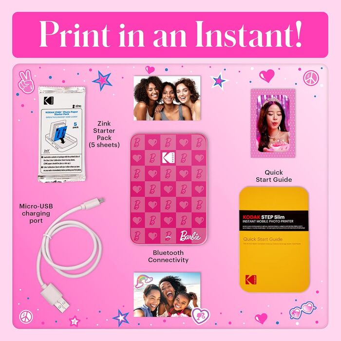Фотодрук Kodak Barbie x Step Slim Wireless: миттєвий друк, Bluetooth, 2x3” наклейки, iOS/Android