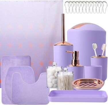 9-Piece Bathroom Accessories Set – Trash Can, Soap Dispenser Set, Soap Dish, Toilet Brush with Holder, Toothbrush Holder, Cup, Tray, Cotton Swab Holder, (Violet Bathroom Set + Shower Curtain + Rugs)