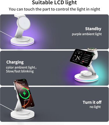 Зарядний пристрій MagSafe 3-в-1 для Apple Watch та iPhone, складний, поворотний з регулюванням світла, бездротовий зарядний станція MagSafe для iPhone 16/15/14, AirPods (без адаптера)