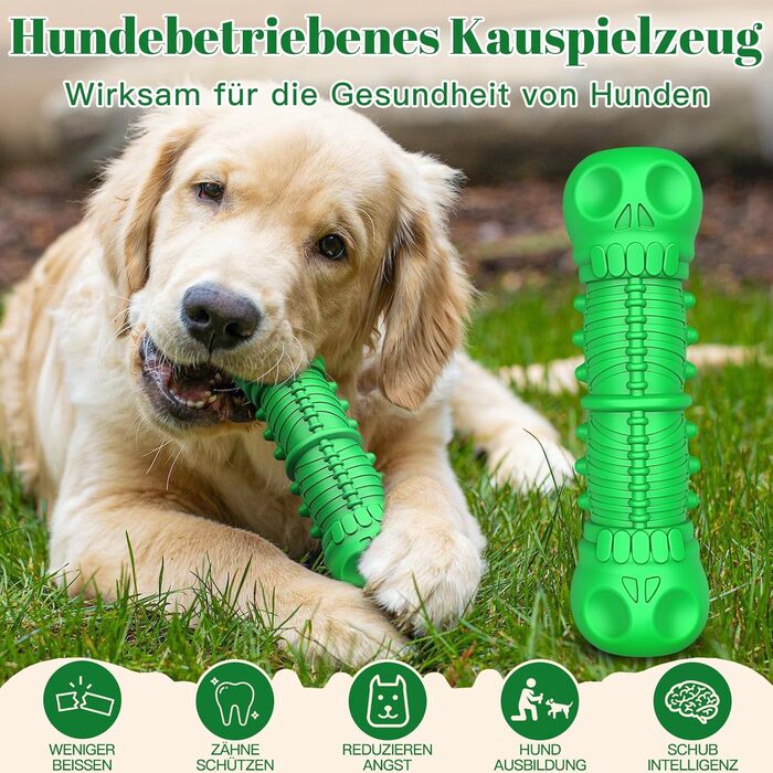 HETOO Dog Toy, indestructible, robust, squeaking, chew toy for aggressive chewers, large and medium-sized dog breeds, dental care (Large, Green)