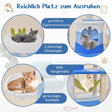 Кігтеточка для котів COSTWAY Ocean-серія з будиночком, гамаком та іграшками, блакитна (59x49x165 см)