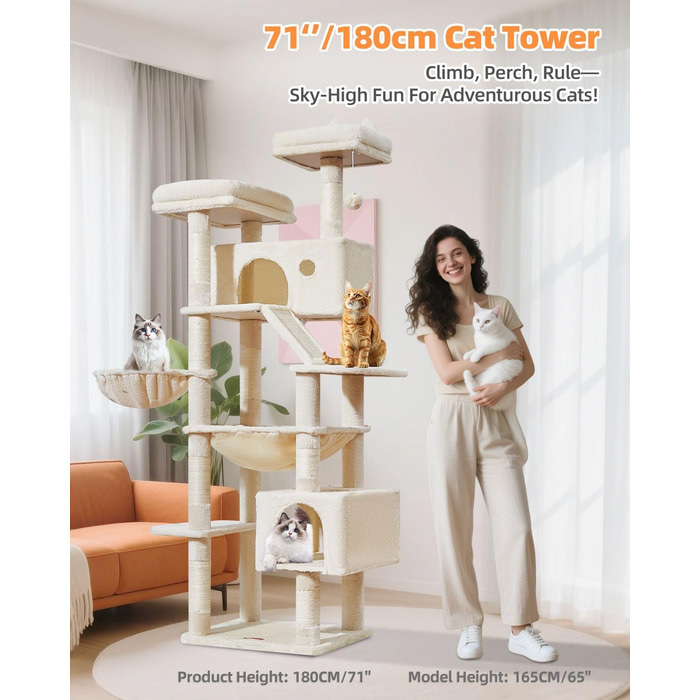 Дерев'яний кігтеточки Taoqimiao MS026W (Бежевий, 180 см) з 2 будиночками, гамаком та 8 кігтеточками