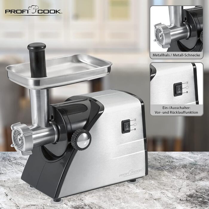 Електричний м'ясорубка ProfiCook PC-FW 1272 з насадкою для печива та вареників | 1200W, 3 металеві диски, функція наповнення ковбас, нержавіюча сталь