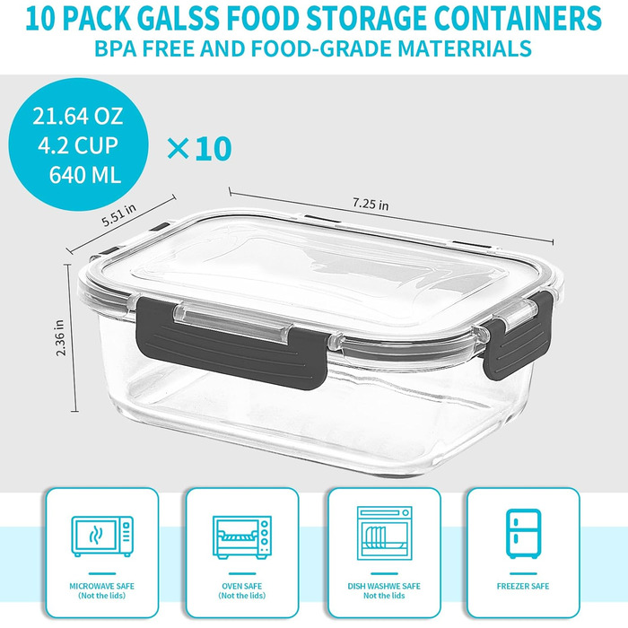 Skroam Glass Food Storage Containers 20 Piece 640ml [10 Containers + 10 Lids] - Meal Prep Boxes for Food - Transparent Lids - for Home Kitchen or Restaurant