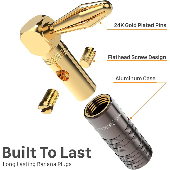 Позолочені кутові бананові роз'єми FosPower для акустичних кабелів, Hi-Fi підсилювачів та домашнього кінотеатру, з подвійними фіксаційними гвинтами (12 шт / 6 пар)