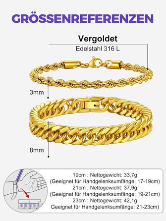 Набір браслетів для чоловіків Richsteel з нержавіючої сталі, 3 шт., чорний/сталь/золотий, 9/8/4 мм, довжина 19/21/23 см, для подарунка