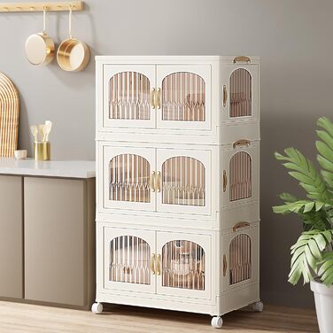 Foldable Kitchen Cabinet 98cm Storage Cabinet with 3 Doors and Wheels, Kitchen Cabinet for Living Room, Kitchen, Office, Large White
