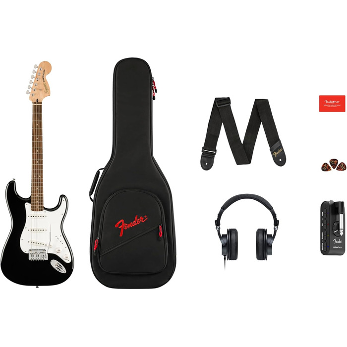 Squier Stratocaster E-Gitarre Affinity Series™ Black Micro Pack з аксесуарами та Fender Play.