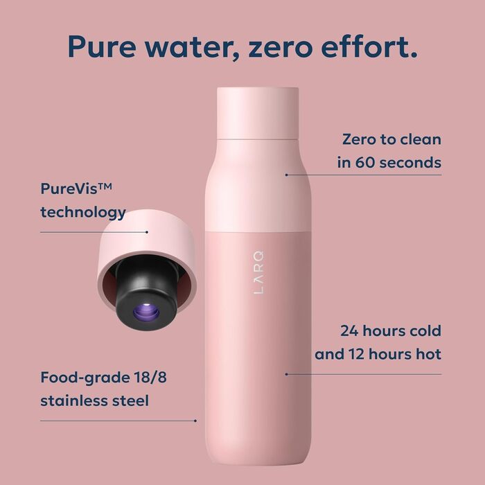 Пляшка для води LARQ PureVis 740 мл: самоочисна, нержавіюча сталь, UV-C, зберігає температуру, BPA-free, гімалайський рожевий