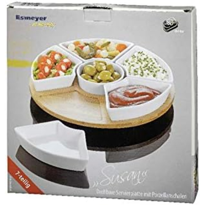 Esmeyer Caterado Rotating Serving Tray SUSAN with 6 white porcelain bowls and a bamboo tray, 34 x 34 x 6.5 cm