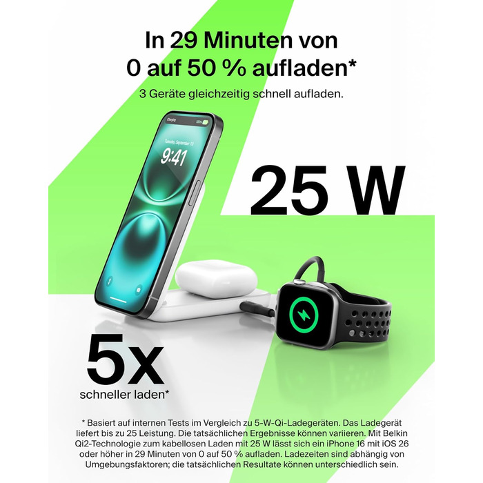 Беспроводная зарядка Belkin UltraCharge Qi 2.2 2-в-1 25W MagSafe сумісна для iPhone 17, iPhone Air, AirPods, Pixel – біла з USB-C адаптером 45W