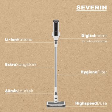 SEVERIN HV 7166: Бездротовий акумуляторний пилосос 2-в-1, 60 хв роботи, для тварин, легкий, без мішка, 400 Вт, білий