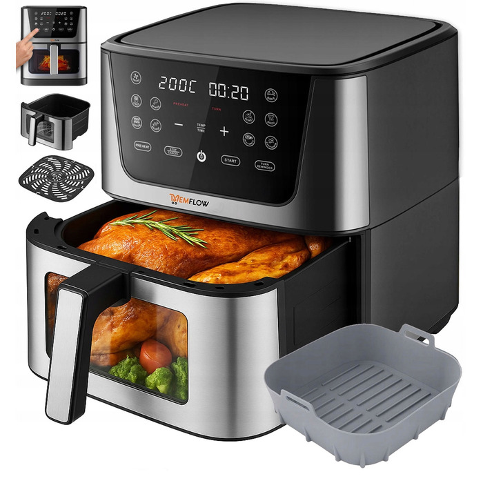 Аерофритюрниця MEMFLOW 8л, 1800 Вт, 14 програм, сенсорне керування, срібляста