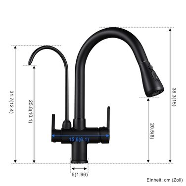 Чорний кухонний змішувач з висувною лійкою 360°, з нержавіючої сталі, для фільтрованої води