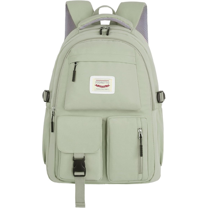 Шкільний рюкзак FIORETTO для підлітків та жінок. Водостійкий, легкий, з відділенням для ноутбука 14 дюймів. Зелений колір.