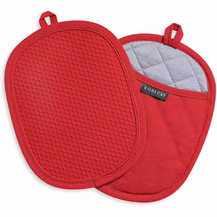 Rorecay Silicone Oven Mitt Sets: Heat-Resistant Oven Pads with Pockets, Non-Slip Grip, Large Oven Mitts for Kitchen, Baking, Cooking, Quilted Insert, 24 x 19 cm (Red, 2)