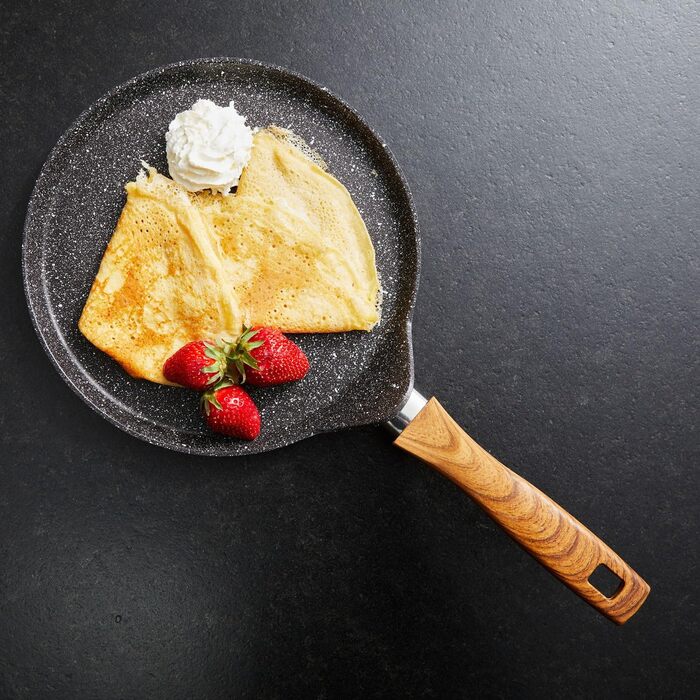 STONELINE Back to Nature Crepe Pan Induction 25 cm, Omelette Pan coated with real stone particles, Pancake/Pancake Pan Non-Stick, Fat-Free Frying, All Cooktops, Wood-Look