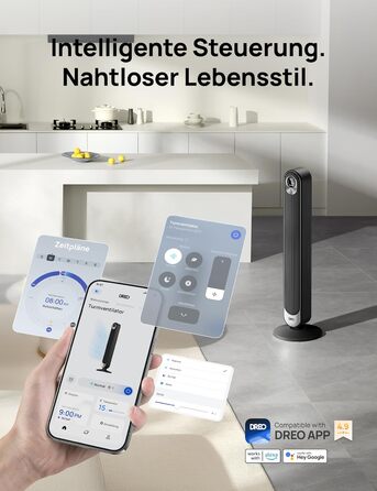 Дрео розумний вентилятор з мотором DC 20dB, 11 м дальность, з пультом керування, 9 режимів, 4 моди, 90° осциляція, голосове керування, таймер 12H, Wi-Fi, для спальні