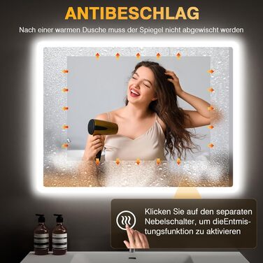 Дзеркало для ванної кімнати з підсвічуванням 80 x 60 см, 3 кольори, регульована яскравість, антизапар, 3x збільшення, розетка для бритви, IP44, для горизонтального/вертикального монтажу