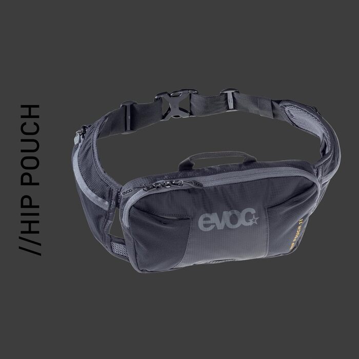 Поясна сумка EVOC HIP Pouch 1 л чорна для велосипедистів, з системою AIR PAD, двома кишенями на поясі і додатковими відділеннями, для велотурів та трейлів