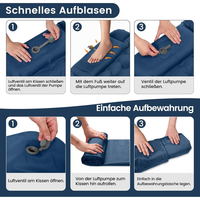 Надувний килимок для кемпінгу Tuocal Isomatte, 9 см, з вбудованим насосом, антиковзаюча поверхня, для відпочинку на природі, подорожей та наметів (блакитний)