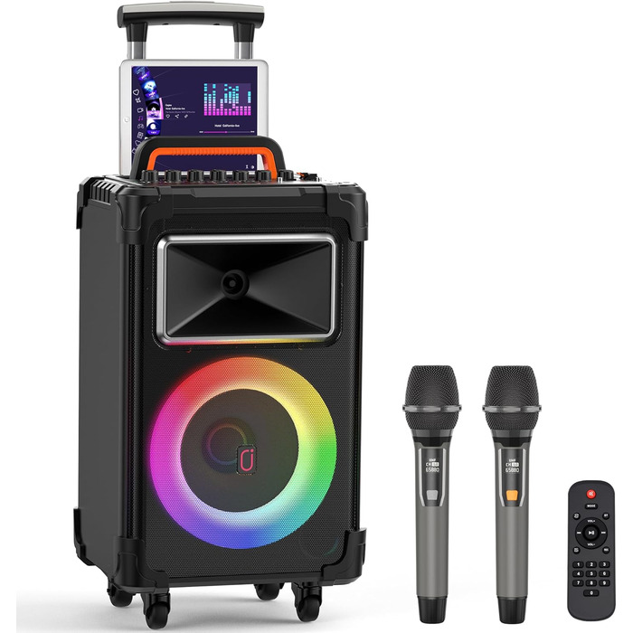 Караоке система JYX з 2 бездротовими мікрофонами, великим гучномовцем, Bluetooth, колесами та диско-світлом, сабвуфером PA, підтримкою TWS/USB/SD/AUX/Rec (Чорний)
