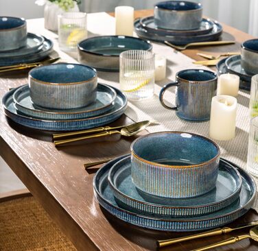 Набір посуду GBhome з каменю, 24 елементи, ручна робота, для 6 осіб, стійкий до миття в посудомийній машині та мікрохвильовій печі, керамічний посуд, блакитний колір